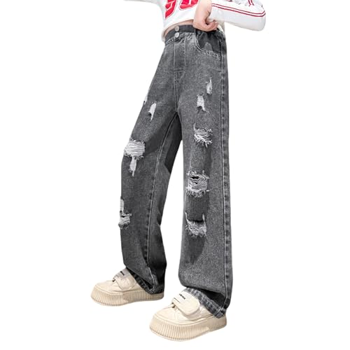 Girls Ripped Wide Leg Jeans Denim Elastic Baggy Kids Button Jeans Casual Pocket Pants Age 5-14