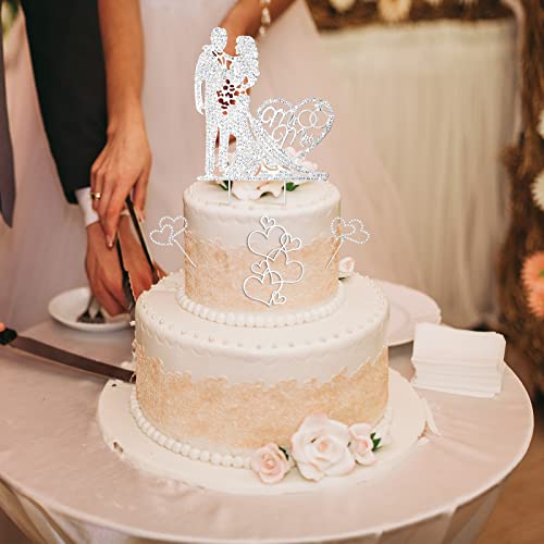Spiareal 4 Pcs Mr And Mrs Cake Topper Rhinestone Metal Love Wedding Cake Topper, Happy Anniversary Cake Topper Heart Cake Topper For Bridal Shower, Birthday, Wedding, Engagement (Silver) #TOP5