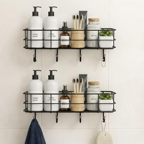 Image of PulGos Pack-2 Multipurpose Wall Shelf with 2 Adhesive Hooks - Durable Mounted Storage Rack for Bathroom, Kitchen & Toilet, Space-Saving, Wall Stand Organizer for Home & Office Use Without Drill