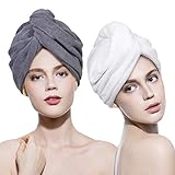 Lovife 2 Pack Microfiber Hair Towel Wrap 11inch X 26 inch Quick Drying Absorbent Hair Towels Turban Long Curly Hair Anti-Frizz for Women (White and Grey)