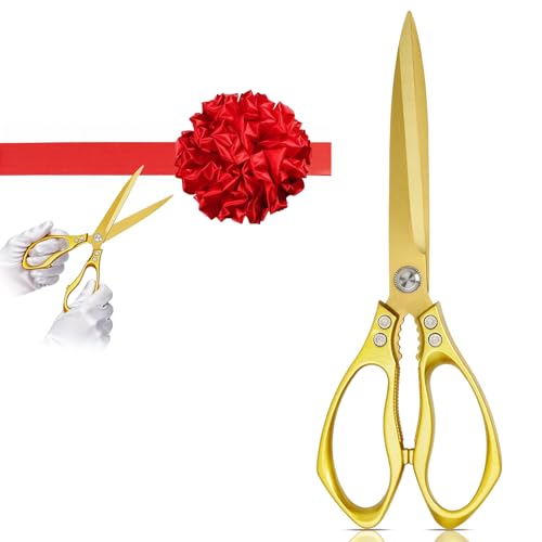 Grand Opening Ribbon Cutting Ceremony Kit - 10.83 Large Gold Ribbon Cutting Scissors, Red Ribbon, Flower Ball & White Gloves for Business Opening Decorations Inauguration Decorations