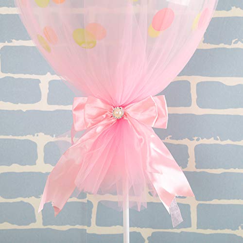 SKOLOO Table Balloon Stand Sticks, Case of 6 Set, Small Balloon Columns for Weddings & Birthday & Baby Shower Table Decorations, Pink Tulle Balloon Tassels (12 inch)