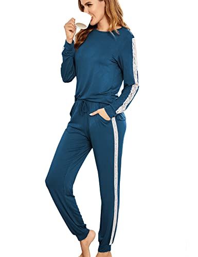 Hotouch Women's 2 Piece Winter Pajama Set Long Sleeve Top And Drawstring Bottoms Elastic Sleepwear Set Peacock Blue Xxl #TOP27