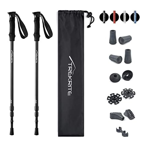 Collapsible Telescopic Walking / Hiking / Trekking Poles / Sticks - 3-Section Antishock Unisex with Accessories (2pc / set / pair) - Trekrite (Black) Cover