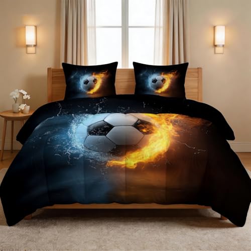 Edredón deportivo surrealista, 240 x 260 cm, sin funda, utilizable, para verano, fútbol, hielo, fuego, relámpago, lavable, no necesita planchado, para todo el año, agradable al tacto, con 2 fundas de