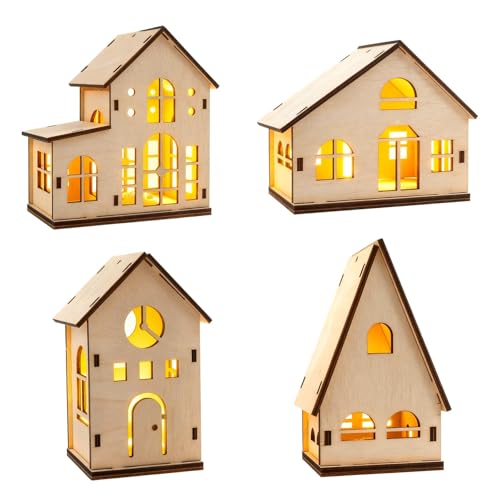 Aitsite LED Holz Weihnachtshaus, Miniatur Haus Deko, Weihnachtsdeko Holz Haus mit LED Leucht Beleuchtet Tischdeko, Adventsdeko Dekorationen für Weihnachten DIY Holzhütte Ornamente für Weihnachtsbaum