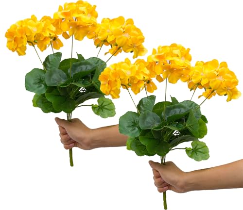 Mumiko 18'' Artificial Geraniums Silk Flowers Plants Realistic for Home Outdoor Decor Garden (2, Golden Yellow)
