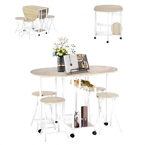GOKHOMX Mesa de comedor con 4 sillas, mesa de cocina, pequeño espacio con 4 sillas plegables, mesa plegable con espacio de almacenamiento para restaurante, terraza y balcón jardín (roble natural)