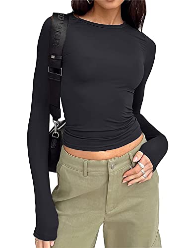 Qianderer Womens Y2k Long Sleeve Top Crop Tops Scoop Neck Going Out Slim Fit Basic T Shirts Aesthetic Streetwear