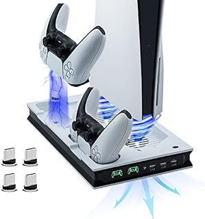 Mcbazel Pionowa stacja chłodząca i ładująca do konsoli PS5, wielofunkcyjna, z LED, do dwóch kontrolerów, do konsoli PS5 UHD/Digitial Edition, biało-czarna(Nie dla PS5 Slim)