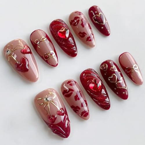 30Pcs Red Heart Press on Nails Medium Almond Fake Nails 3D Love Cherry Hollow Bow Design Glossy Red Lips False Nails French Press on Heart Full Cover Valentines Stick on Nails for Women DIY Kit