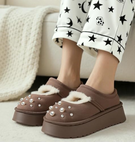 Closed - Toe Mule Slippers Pearl - Embellished Thick Platform Suede - Like Fleece - Lined Indoor Outdoor 6