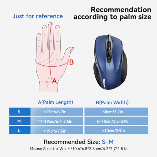 Image of TECKNET Wireless Mouse (BT5.0 /3.0 & 2.4G) Rechargeable 4800 DPI Silent Blue Mouse, 6 Buttons, USB A & Bluetooth Compatibility | Bluetooth 5.0 /3.0 & USB A, 2-Device Easy Switch, Wide OS Compatible, 6 Buttons, 6-DPI up to 4800, Ergonomic for S to M Hands