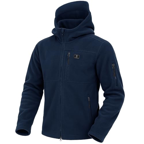 Iron Mountain Herren Kapuzen-Fleecejacke aus Technischem Anti-Pilling-Thermo-Material, Schwer, Winddicht, Outdoor, mit durchgehendem Reißverschluss, Marineblau, L