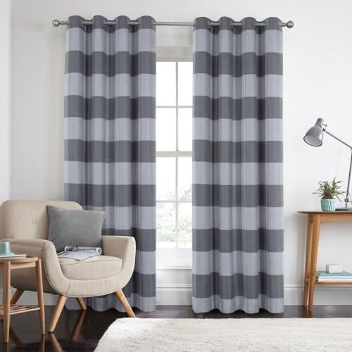 always4u Paire de rideaux 100 % occultants à œillets pour chambre à coucher et salon - Motif tartan - Motif carreaux brossés - Aspect laine Highland - Gris clair - 117 x 183 cm