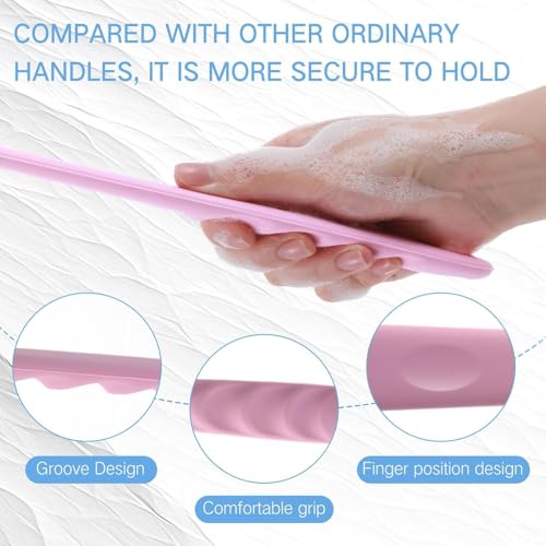 Image of Silicone Bath Brush with Long Handle - Soft Bristles Back Scrubber for Shower | Body Massage - Exfoliating Dirt Removal Brush for Men | Women (Pink & Blue Combo Set)