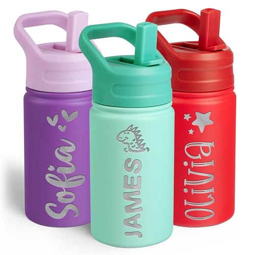 Personalized Kids Water Bottle with Name & Icon - Custom Kids Water Bottle, 12 oz with Leakproof Straw Lid - Back to School, Christmas & Birthday Gift for Boys & Girls, Teal