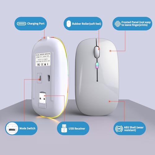 Image of Wireless Bluetooth Mouse, Rechargeable, LED, Silent, Ultra-thin Design (Bluetooth 5.2 and 2.4GHz USB Receiver) | Portable Computer Mouse for Laptops, iPads, MacBooks and Apple Devices (Silver)