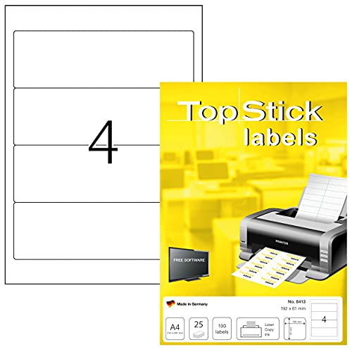 topstick 8413 Etiquetas para archivadores de palanca A4 (192 x 61 mm, 25 hojas, papel, mate) autoadhesivas, imprimible, pegatinas para carpetas permanentes, 100 adhesivos blancas