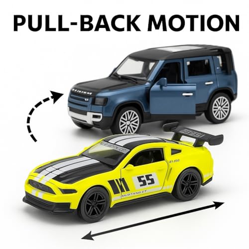 Image of Mustang GT & Defender Die-Cast Car Combo - 1:36 Scale Metal Pull Back Toy Cars for Kids, Boys, Collectors - Alloy Car Set with Opening Doors - Birthday Gift Pack - 2 Pcs