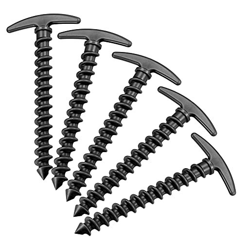 MECCANIXITY Tent Stakes T Shape Spiral Plastic Ground Pegs 14.5cm/5.7 Inch for Outdoor Camping Canopy Tarp, Black Pack of 5