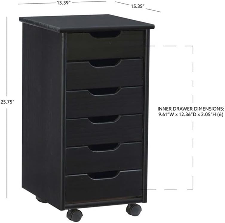 Linon Callie Black Multipurpose Six Drawer Dresser Wood Rolling File Cabinet Storage Cart in Black