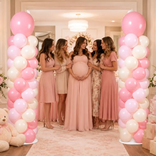 Image of 2 Sets Adjustable Balloon Column Stand Kit with Bases（Blush Pink） | Reusable Stainless Steel Poles, 102 Balloons with Pump, Floor Decor, Baby Shower Birthday Wedding Bridal shower Engagement