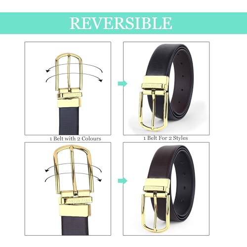 Image of Belts for Men Leather Original, Reversible Black & Brown Formal & Casual Italian Leather Belt with Attached Metal Curved Buckle