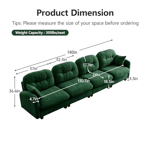 Image of KEIKI 140 inch Oversized Chenille Modular Sectional Sofa with High-Density Foam Cushion and Tufted Pleated Cushion Backrest, Upholstered Modern 4-Seater Cloud Couch with 2 Pillow, for Living Room, Green