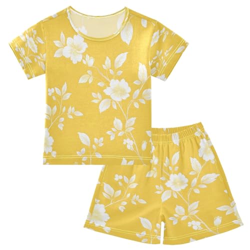 senya Short Sleeve Pajamas Sets Summer Cotton Sleepwear White Leaves Flower