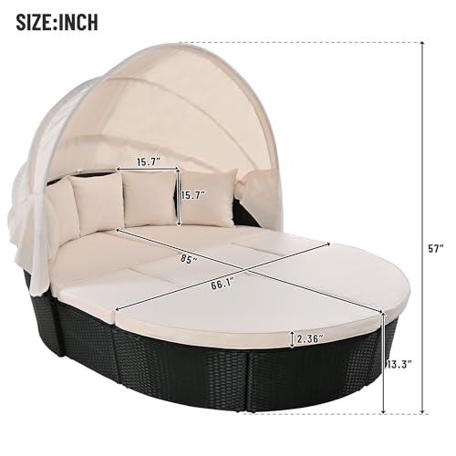 YOPTO 85\" Outdoor Rattan Daybed with Retractable Spring Canopy,Round Sectional Sofa Set with Wicker Fabric & Washable Cushions,for Backyard,Porch,Pool,Garden,Patio,Beige