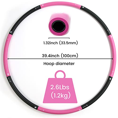 Fiteroc Weighted Fitness Hula Hoop Adult Beginner - Weighted Hula Hoop For Adults - Detachable And Portable - Exercise Holahoop With Jump Rope, Resistance Band And Carry Bag (Black/Pink) #TOP1