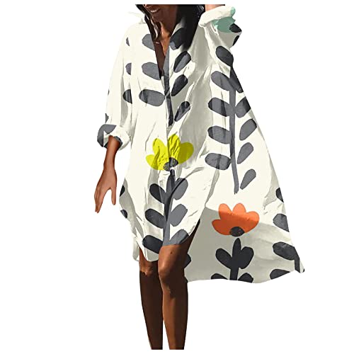 Robe Femme Ete,Robe De Plage Boheme Robe Grande Taille Fluide Decontractée Robe Chemise Baggy Manche Longue Robe D'Été Imprimee Boutonnee Plus Size Summer Dresses for Women 2023 Blanc 3XL