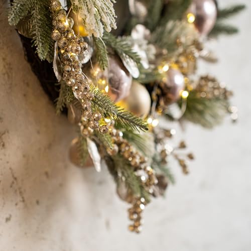 YULETIME 24" Christmas Wreath, Artificial Holiday Wreath with Baubles, Berries, Leaves, Spruce Branches, Snowy Pine Needles (Pink Bauble) by YULETIME - Image 7