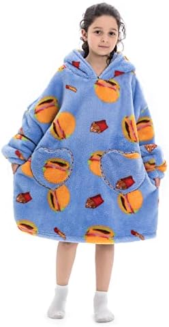 Adisputent Kids Blanket Hoodie Oversized Snuggle Blanket Sherpa Fleece Lined Blanket Hooded with Pockets Boys Girls Soft Cozy Fluffy Wearable Blanket 5-15 Years
