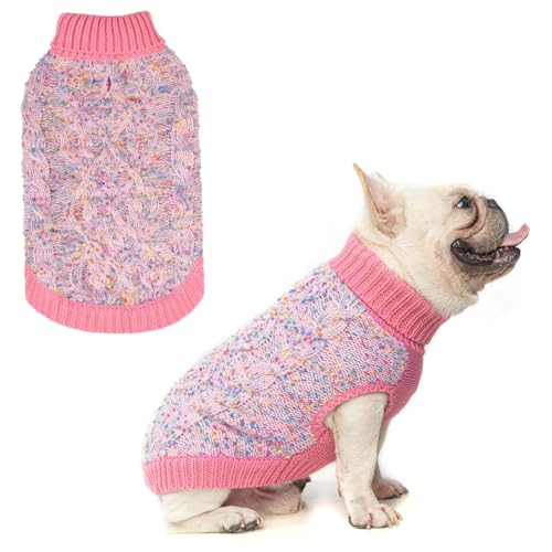 Image of BEAUTYZOO Dog Sweaters for Small Dogs, Knit Clothes with Harness Hole | Turtleneck Pullover Fall Winter Knitwear, Fuzzy Fleece Cold Weather Coat for Girl Boy Puppy, Warm Pet Sweatshirt, Pink S
