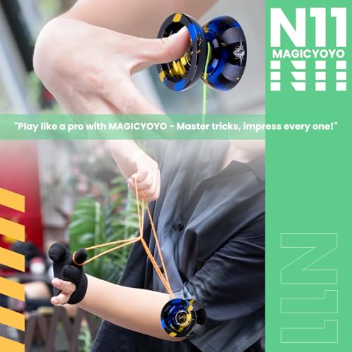 Image of MAGICYOYO N11 Professional Unresponsive Yoyo N11 Dual Purpose Alloy Trick YoYo Ball with Bag, Glove, 12 Strings and Responsive Bearing Kit (Black Blue Yellow)