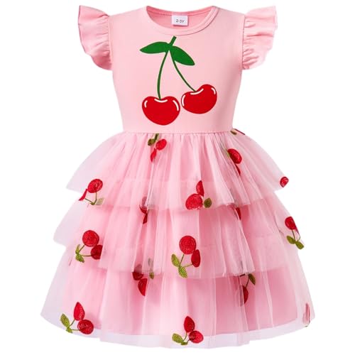 Girls Cherry Tutu Dress Gradient Tulle Shirred Layered Skirt Toddler Birthday Party Fluffy Twirly Sundress 4-5 Years (969)