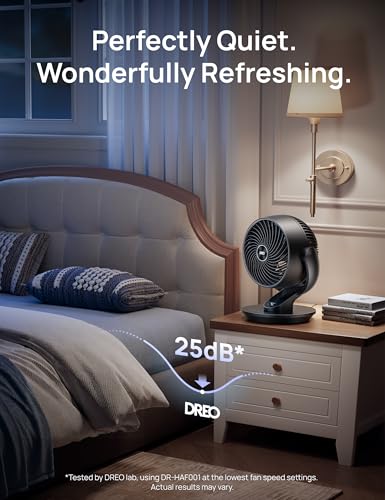 Image of DREO Fan for Bedroom, 13-Inch Oscillating Table Air Circulator Fan for Whole Room, 120 Tilt Adjustment, 25dB Ultra-Quiet, 75ft Powerful Airflow, 4 Speeds Desk Fans with Remote for Home, Office