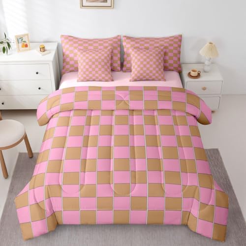 Image of Erosebridal Gaming Plaid King Bed in A Bag 7 Piece Geometric Checkered Comforter Set with Sheets Pink Brown Bedding Sets for Kids Adults,Cute Checkerboard Bed Set