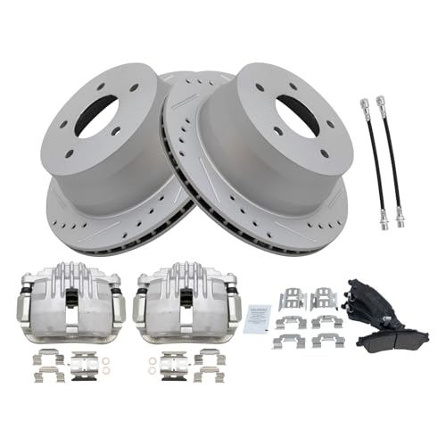 Image of TRQ Performance Rear Brake Pad & Rotor Set Semi Metallic Drilled Coated Rotors Calipers Hoses Compatible with 99-05 Chevrolet Blazer 00-04 S10 98-03 GMC Jimmy 00-03 Sonoma 98-00 Isuzu Hombre