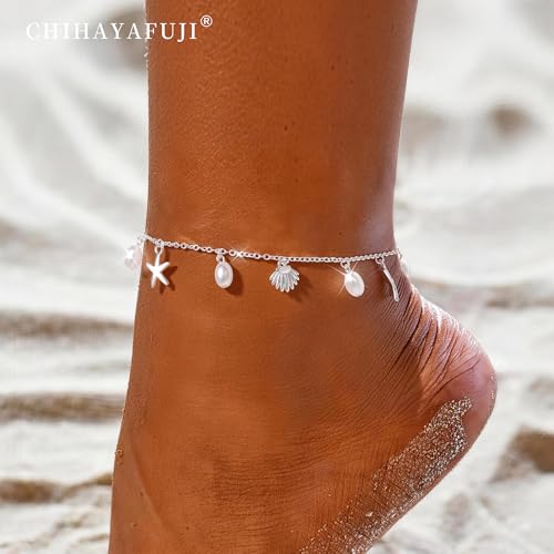 Chihayafuji Sterling Silver Ankle Bracelets for Women 14k Gold Plated Waterproof Dainty Layered Stackable Seashell Pearl Charm Non Tarnish Adjustable Anklet for Summer Beach Jewelry Gift - Thumbnail 5