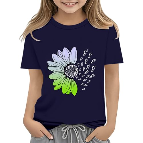 Girls Loose Fit Sunflower Graphic T Shirts Short Sleeve Crewneck Cute Pattern Printed Tops Kids (D-Dark Blue, 6-7 Years)
