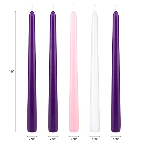 Mega Candles 5 pcs Unscented Christmas Advent Candles Set, Hand Poured Premium Wax Taper Candle 10 Inch x 7/8 Inch, Holidays, Celebrations, Devotional, Church, Wreath, Party, Gifts