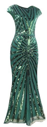 Image of Women Evening Maxi Long Dress 1920s Sequin Mermaid Hem Wedding Prom Gown Costume w / 20s Gatsby Accessories Set