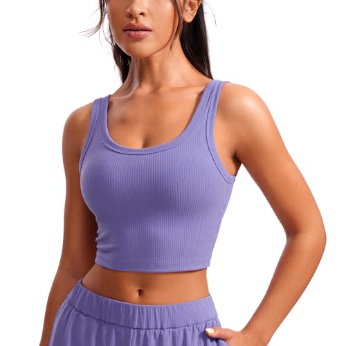 Image of CRZ YOGA Ribbed U Neck Crop Tank Tops | Medium Support, Removable Pads, Casual, Wide Straps, Longline Sports Bras for Women