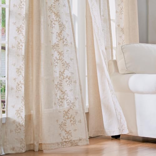 Image of jinchan Floral Linen Curtains, Back Tab 50x84 Inch, 2 Panels Beige