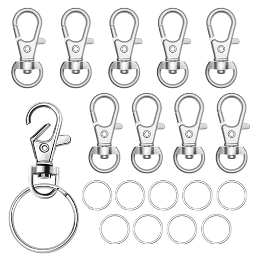 20 Pcs Keyring Rings Kit 10 Pcs Swivel Lobster Clasps and 10 Pcs Keyrings with Split Rings for Keychain Clip Lanyard DIY Craft and Handmade Accessories of Jewellery (Silver)