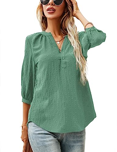 LOMON Blouses for Women 3/4 Sleeve Button Up Notch V Neck