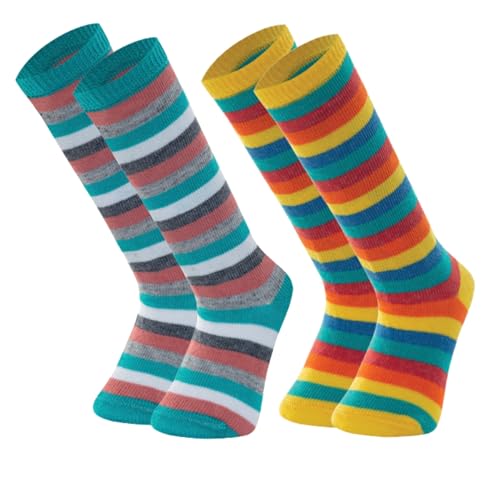 MASH BEBÊ INFANTIL Kit 2 Pares Meia Cano Longo Listrada Unissex, 1 Amarelo Médio - 1 Azul Turquesa E